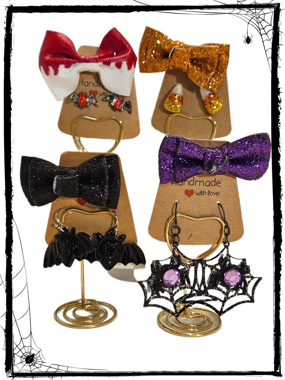 Gurl's Halloween Hair Bows and Earrings Bundle - Purple Black Whit OrangeGlitter